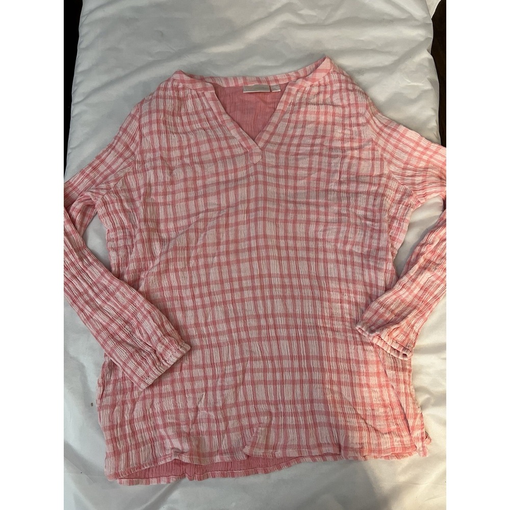 belle by kim gravel Womens 2x top Blouse Pink plaid 100% Cotton